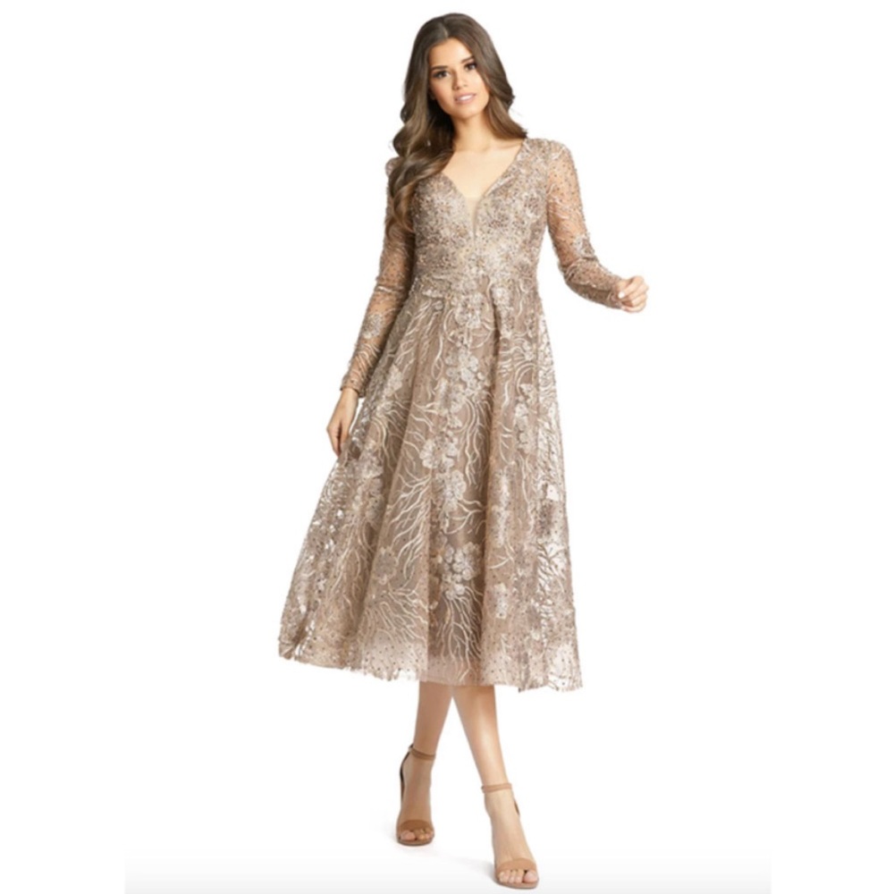Mac Duggal Lace Embellished Maxi Dress in Gold